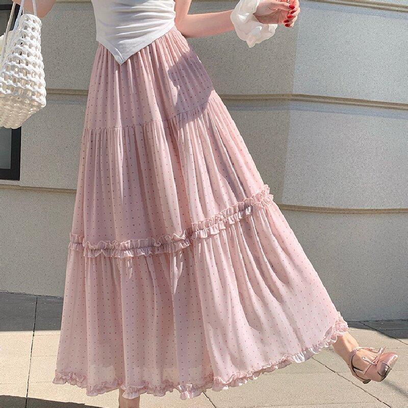 Ruffle Polka Dot Chiffon Pleated Tiered A-Line Maxi Skirt High-Waist Slimming Flowy Long Skirt for Women QT2915
