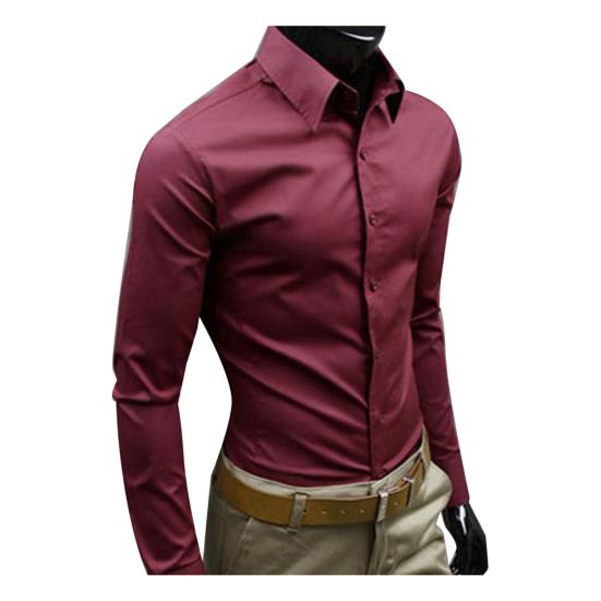 Herren Einfarbig Business Slim Fit Langarm Knopf Umlegekragen Hemd Top