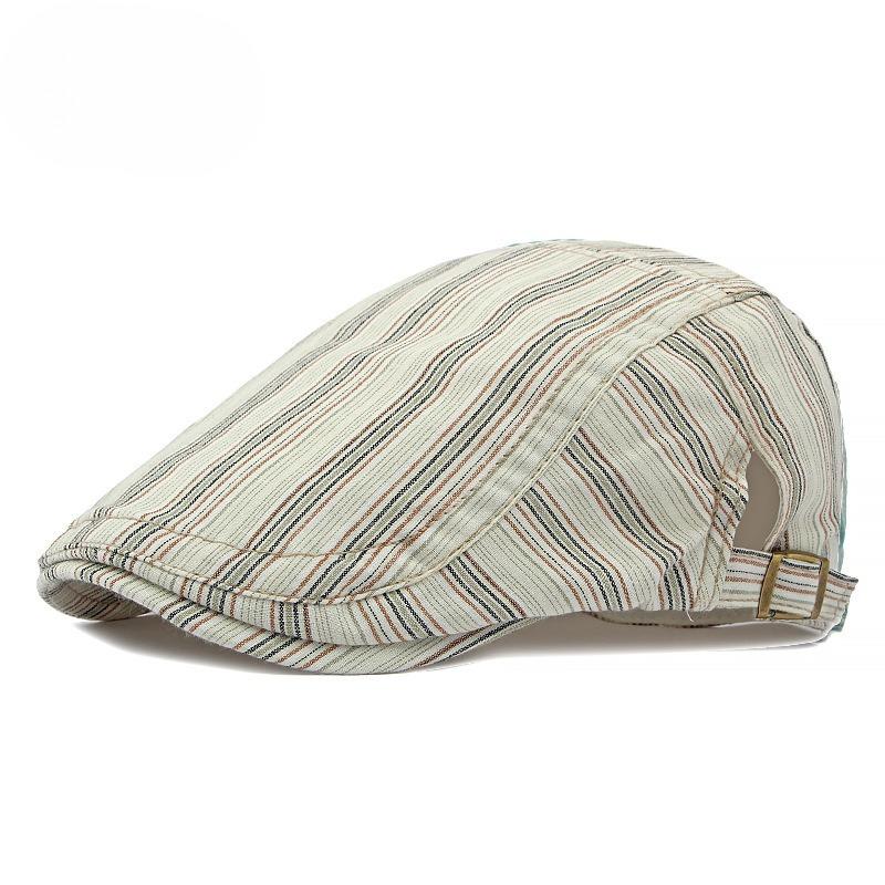 Vintage Striped Flat Cap for Men Women Japanese Simple Ivy Cabbie Hat Retro Cotton Linen Newsboy Gatsby Cap Adjustable Forward Hat
