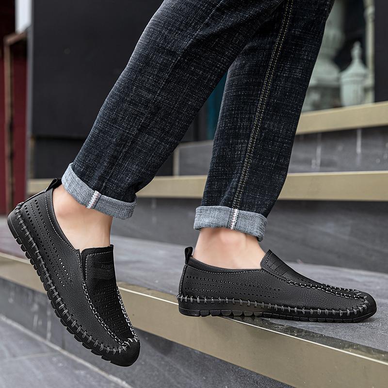 Men Loafers Brown Hiking Shoes Slip On Handmade Driving Shoes Casual Leather Wide Outdoor Summer Shoes for Father Plus Size