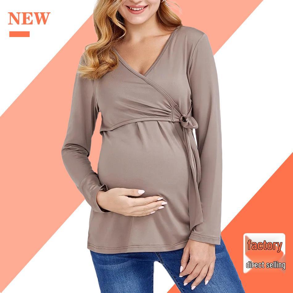 New 2022 V-Neck Long-Sleeve Solid Color Breastfeeding Maternity Wear for Europe and America.