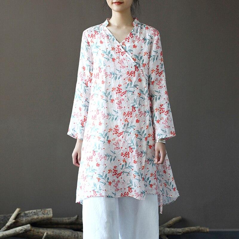 

Johnature женские рубашки в китайском стиле с цветочным принтом блузки осенние топы с длинными рукавами винтажная рубашка трапециевидной формы с поясом