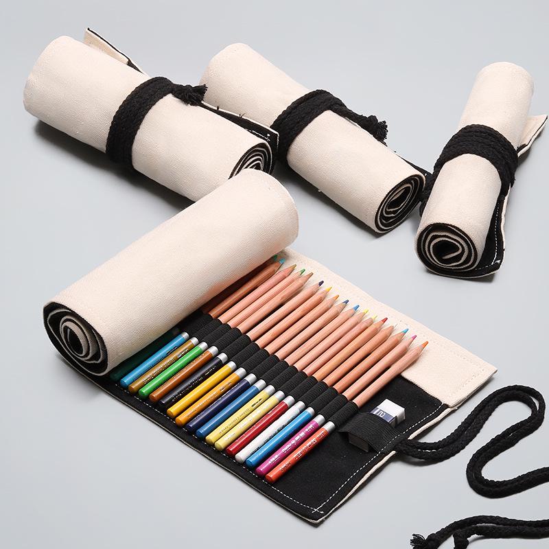 Solid Color Handmade Canvas Pencil Roll - Large Capacity Storage Bag for Boys and Girls