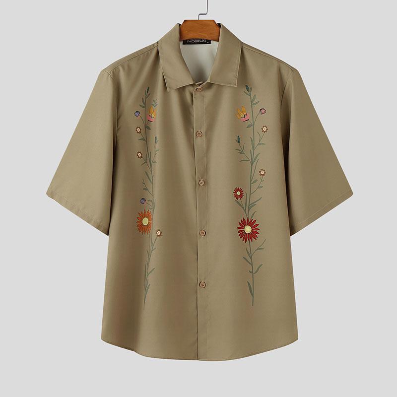

INCERUN Men Lapel Neck Short Sleeve Floral Print Casual Hawaiian Summer Shirt 3XL хаки