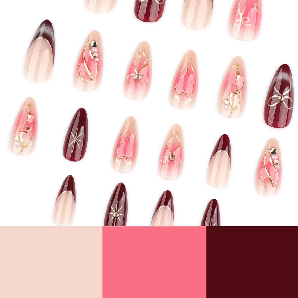 3D Butterfly Knot Wearable Red Blush Almond French Manicure Fake Nails
