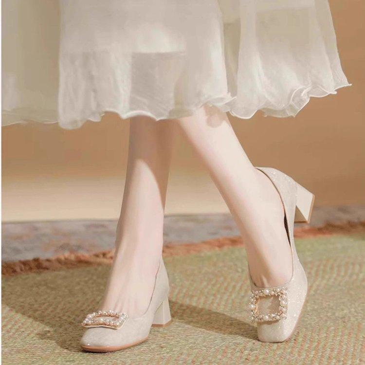

Rhinestone thick heel single shoes women s spring 2025 temperament versatile skirt with mid-heel square head high heels wedding shoes 40