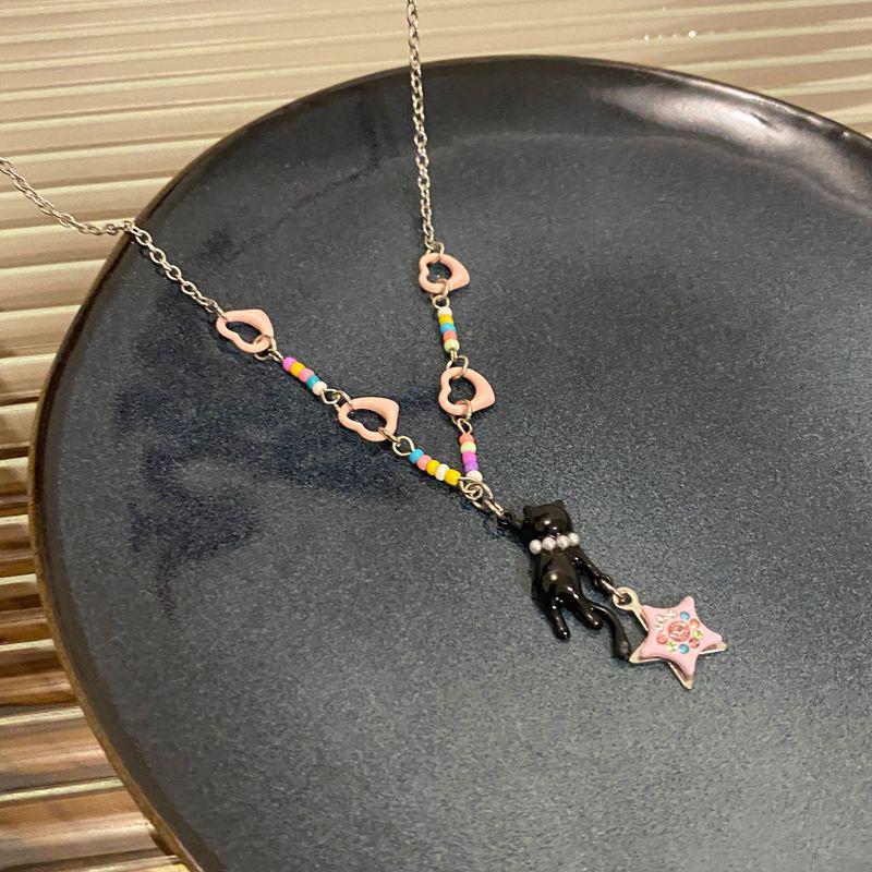 Kitten Pink Star Pendant Beaded Necklace Y2K Cute Sweet Cool Ins Style Clavicle Chain Girl Choker Jewelry Accessories Party Gift