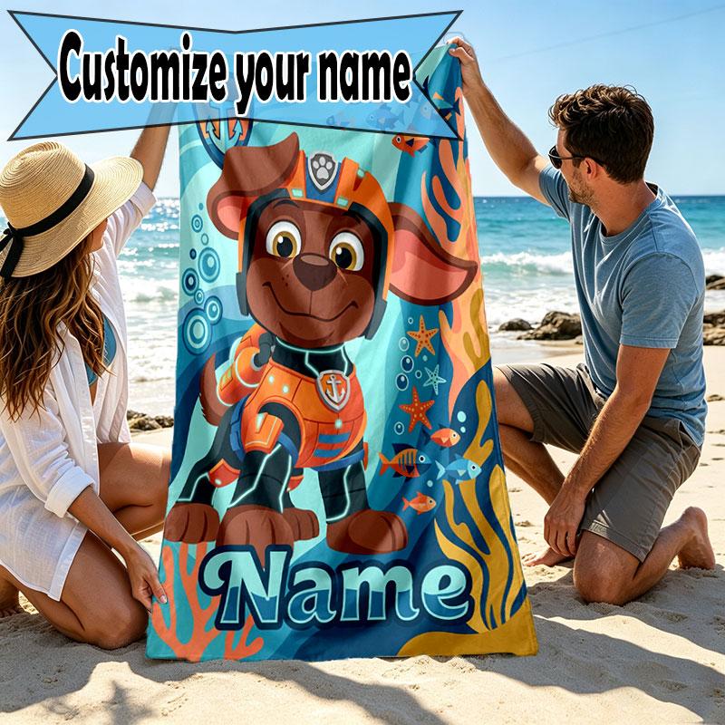 Custom Name Personalized PAW Patrol Print Beach Towel, for Trip Camping Beach Party Home Decor, Birthday Gift for Family & Friends