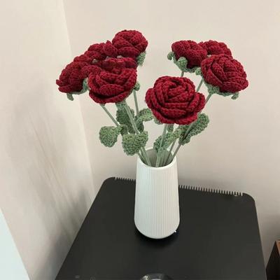 6PCS Faux Rose Bouquets Red Roses Artificial Flowers Knitted Flower with Long Stems Realistic for Bridal Bouquet Floral Wedding Party Home Table Decor