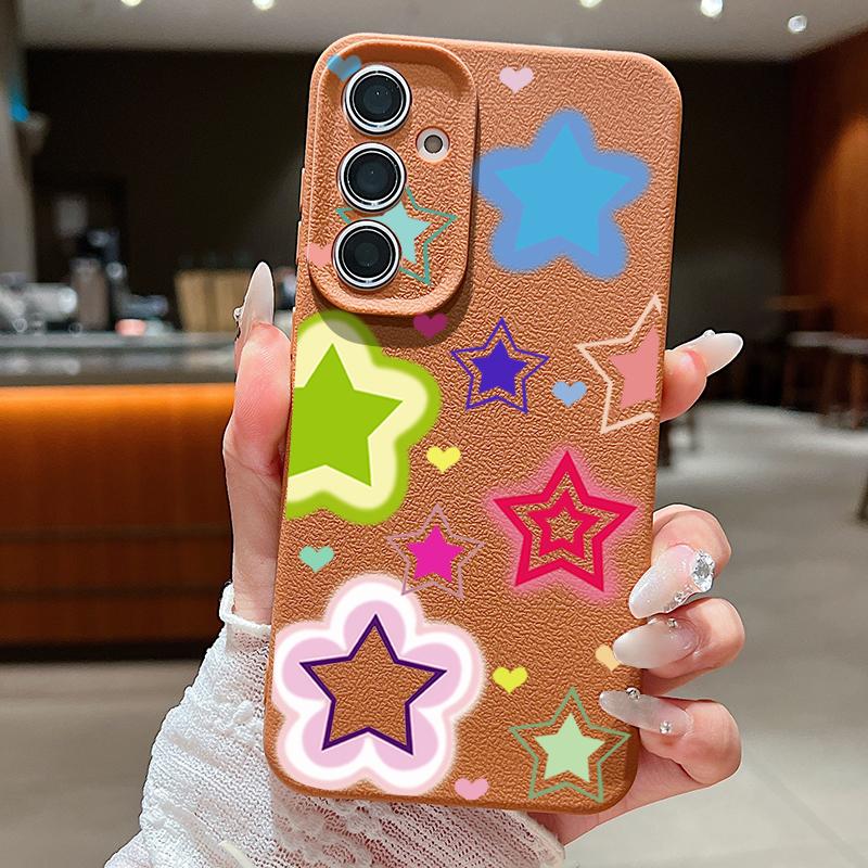 Blended Colorful Stars Pattern Case For Samsung Galaxy S26 Ultra S25 Edge S24 S23 S22 Plus S21 FE Leather Texture Silicone Cover