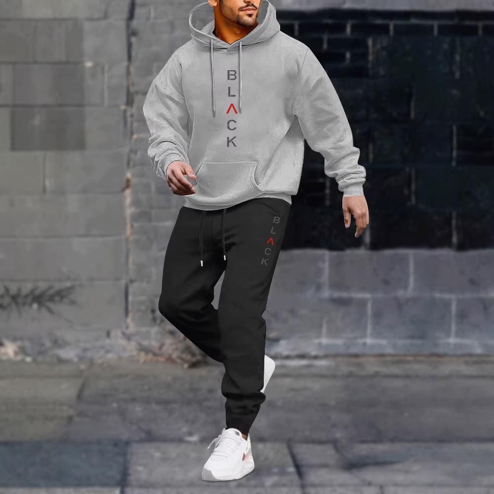 Black Retro Letter Print Men's 2-Piece Set: Hoodie Sweatshirt & Jogging Sweatpants for Winter