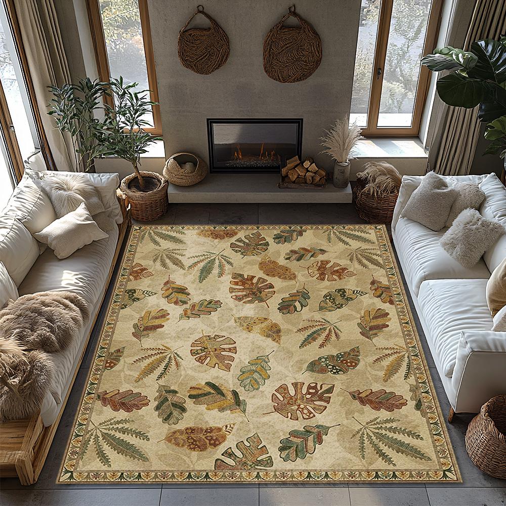 Leaf Pattern Bohemian Area Rug, Natural Tone Non-Slip Carpet, Cozy Living Room Mat for Plant Theme Decor