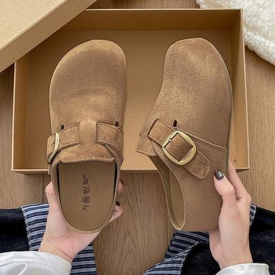 Retro Leather Boken Half Slippers Women's Outerwear 2025 Autumn New One-pedal Soft-soled Non-slip Bag Head Muller Slippers