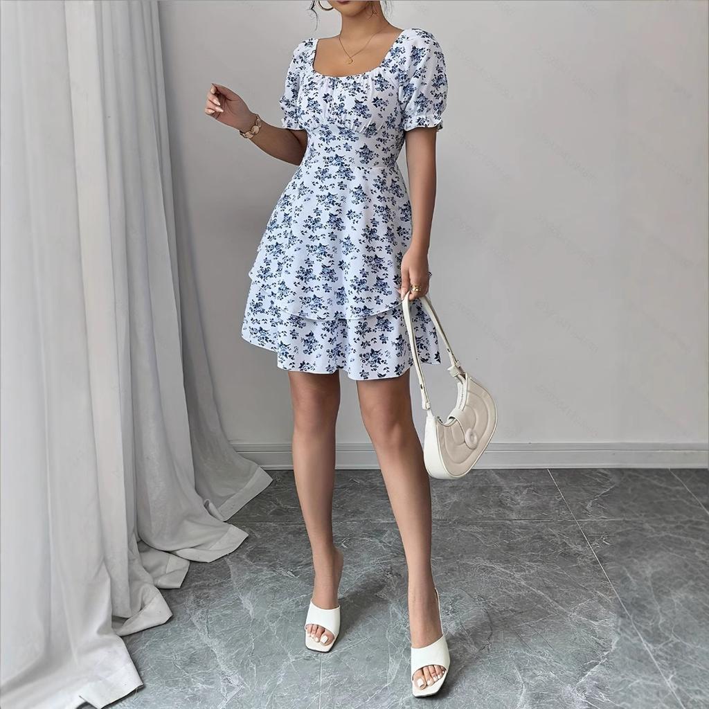 Blaues Blumenkleid Damenbekleidung Großhandel sheintemu Blume Ballonärmel Spitze Großhandel