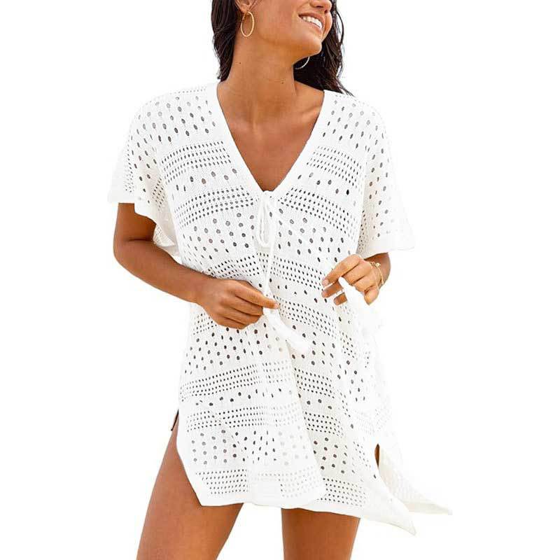 Women's V Neck Short Sleeve Crochet Knit Cover Up Dress Loose Fit Beach Tunic Dress