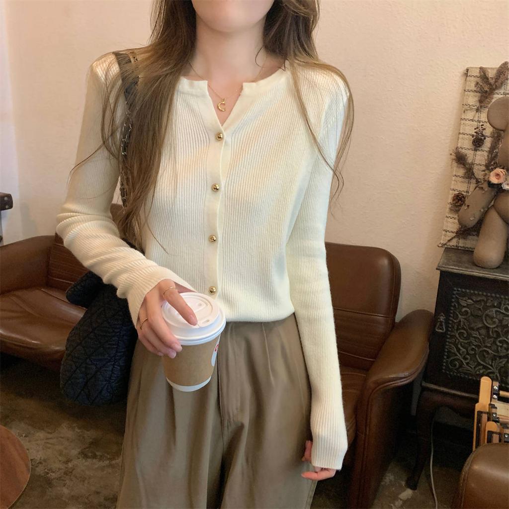 Spring collar single-breasted knitted cardigan women's lazy and versatile simple long-sleeved sweater pit strip top