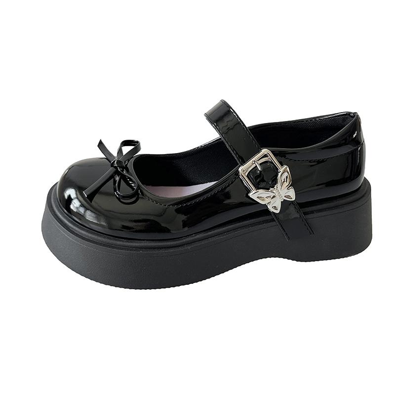 2025 New Bow Mary Jane Single Shoes Women's Fashion Round Toe Shallow Mouth Metal Buckle One Strap Platform Wedge Shoes