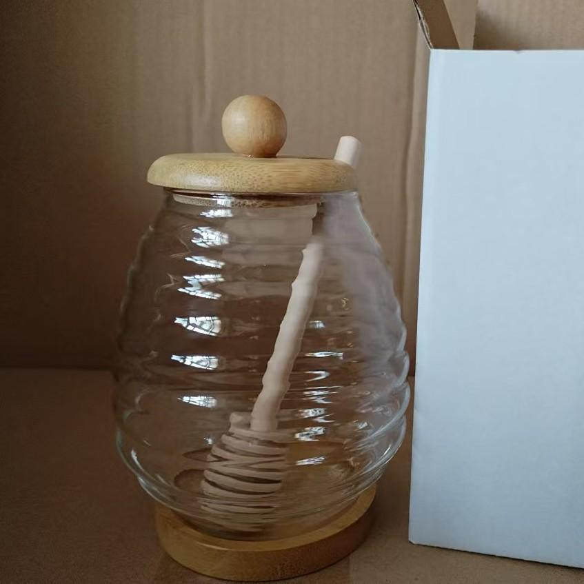 High Borosilicate Transparent Glass Honey Jar with Stirrer and Lid