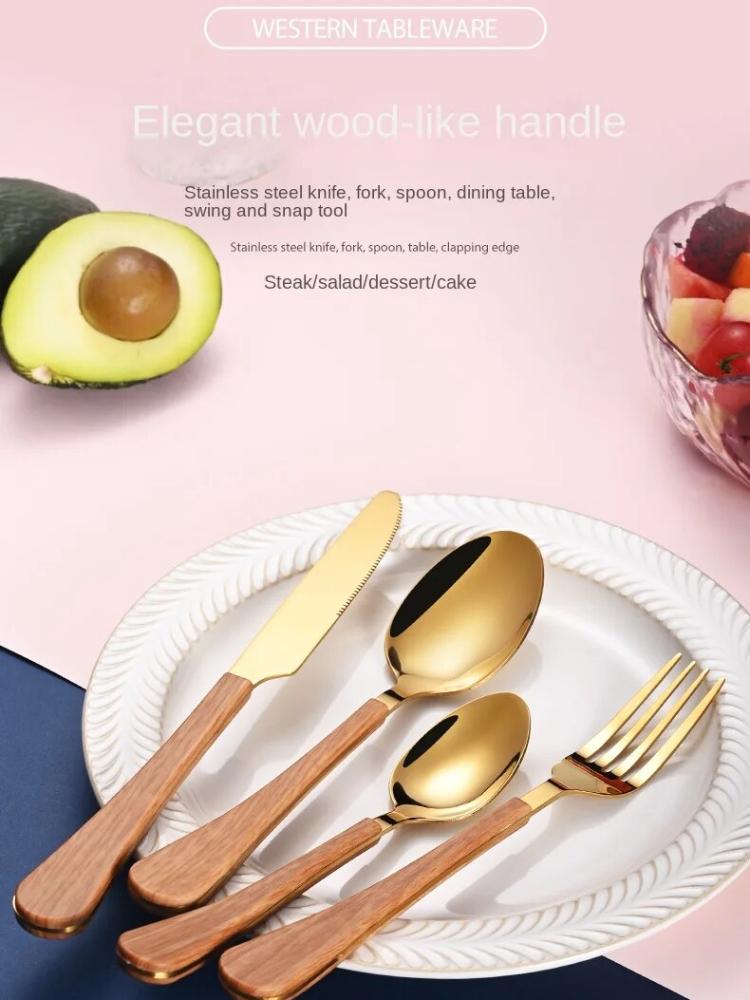 4-teiliges Geschirrset mit Messer und Gabel, Teelöffel, Edelstahl, Holzimitatgriff, westliches Geschirr, einfach und fortschrittlich