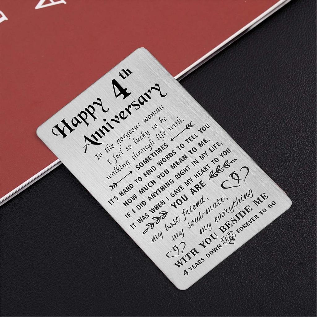 TANWIH 4th Anniversary Card for Wife - 4 Years Down Forever to Go - 4 Year Wedding Anniversary Card Gifts for Her Women, Engraved Metal Wallet Card