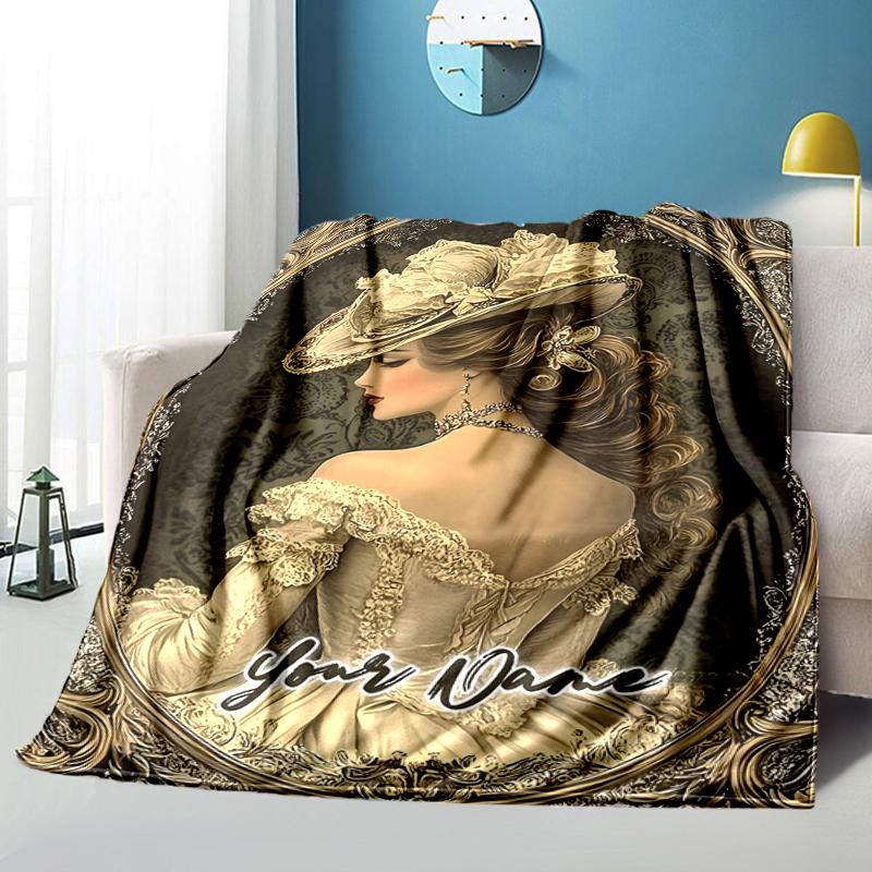1PC Custom Name Victorian Elegance Portrait Flannel Blanket Versatile,all-season Throw Suitable for the Living Room,bedroom,camping,travel,and Gift