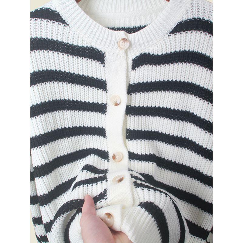 Stripes Contrast Color round Neck Knitting Cardigan Female Soft Glutinous Plaid Sweater Outer Wear Fashion Long Sleeve Top