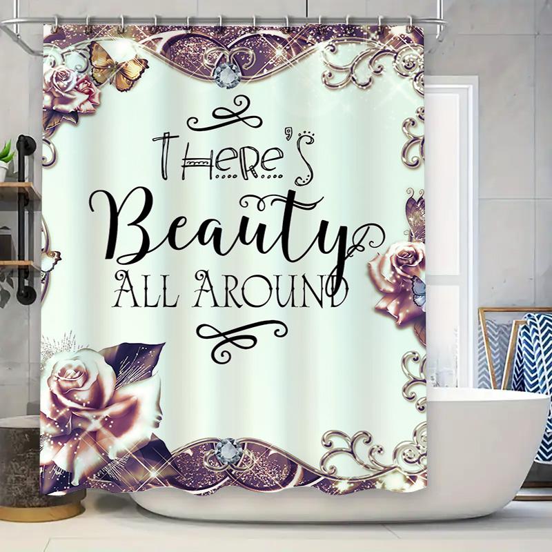 

Shower Curtain White And Purple Floral Design With Beautiful Text There S Beauty All Around , Perfect For Bathroom Decoration. W60H190(CM)-1 Pcs
