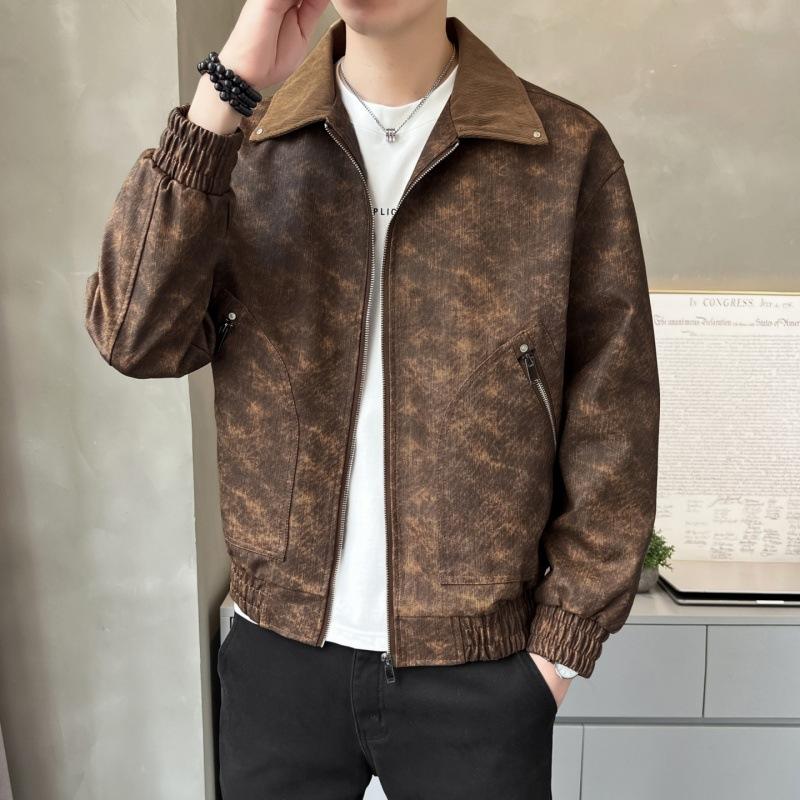 Leather Jacket Men's Coat American Retro Brown Cool Short Top