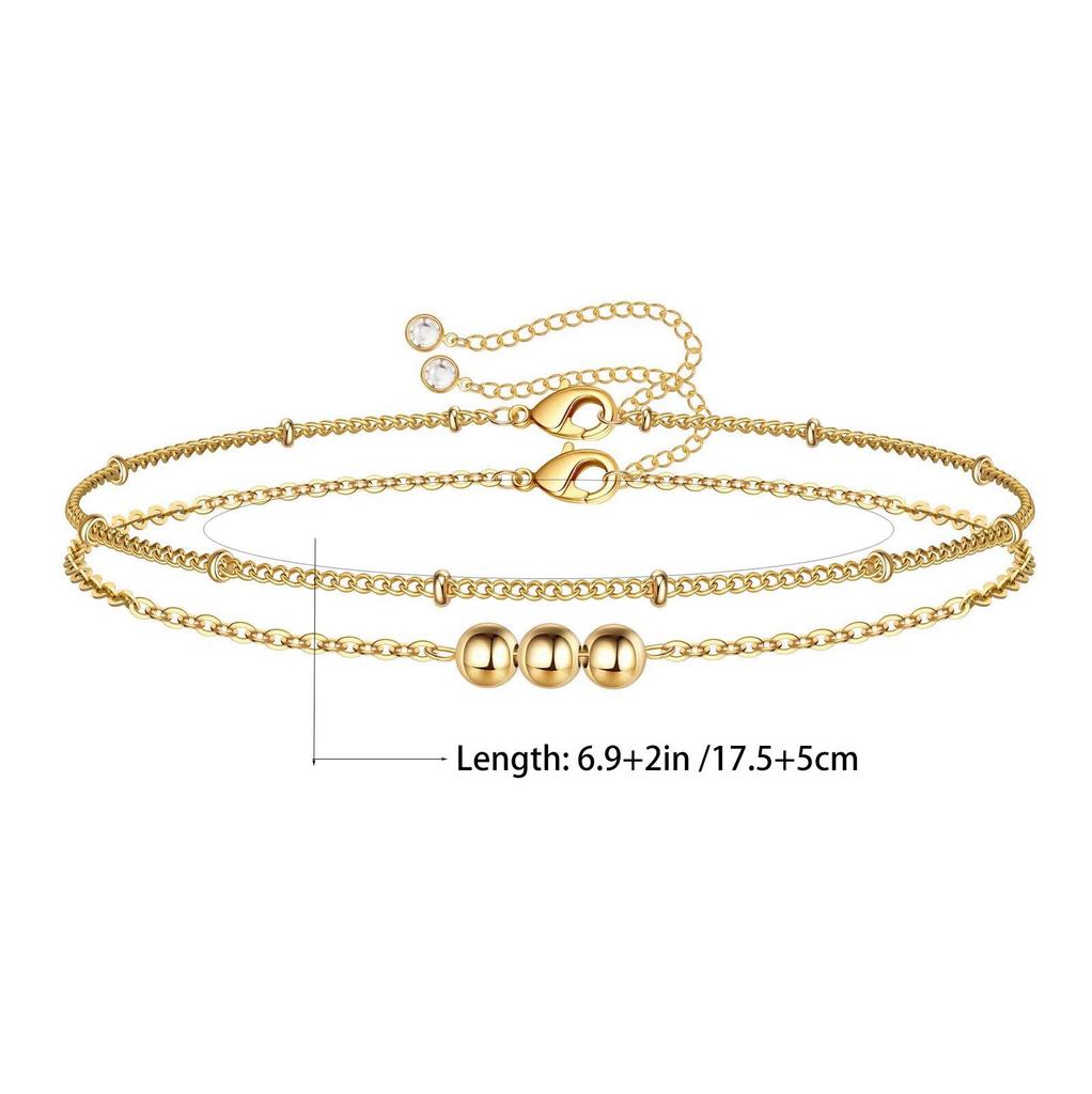 18K Gold Non-Fading Stainless Steel Double-Layer Bracelet for Women with Adjustable Three Gold Beads