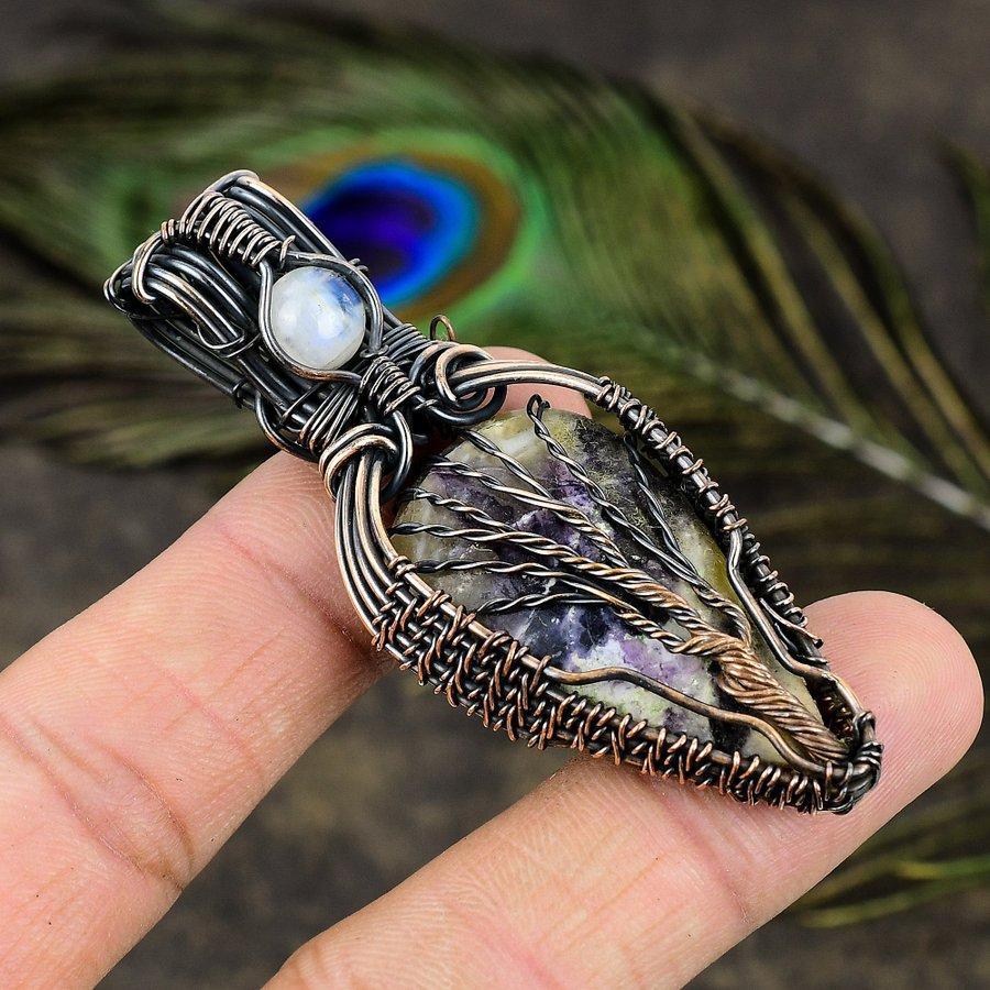 Russian Charoite, Moonstone Copper Wire Wrap Jewelry Pendant 2.76" d6A09