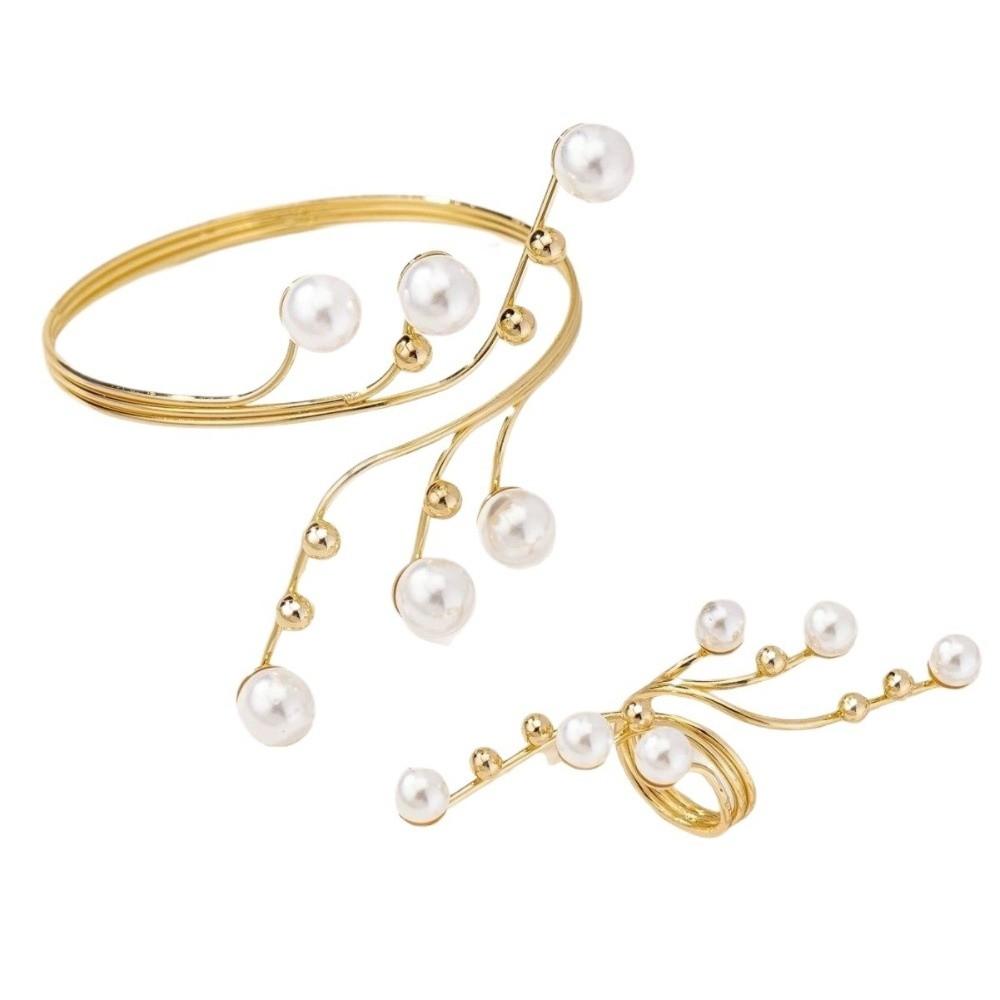 Imitation Pearl Bracelets Rings Set for Women Chunky Advanced Wrap Bracelets Ring Personality Adjustable Fit Irregular Bracelet