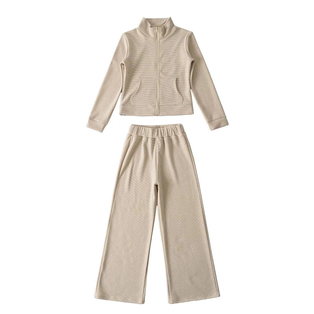 Women's Autumn Stand Collar Hoodie Set with Striped Velvet Wide-Leg Pants