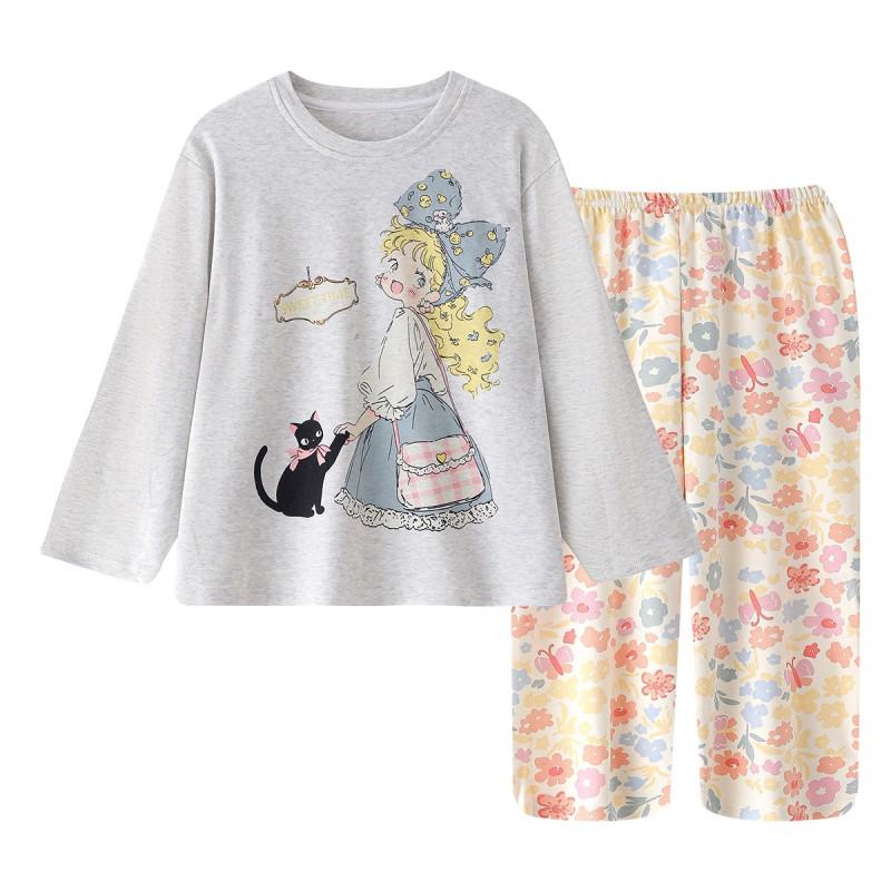 Girls Cotton Pajama Set Long Sleeve Round Neck Cartoon Print Sleepwear Kids Teens Home Wear