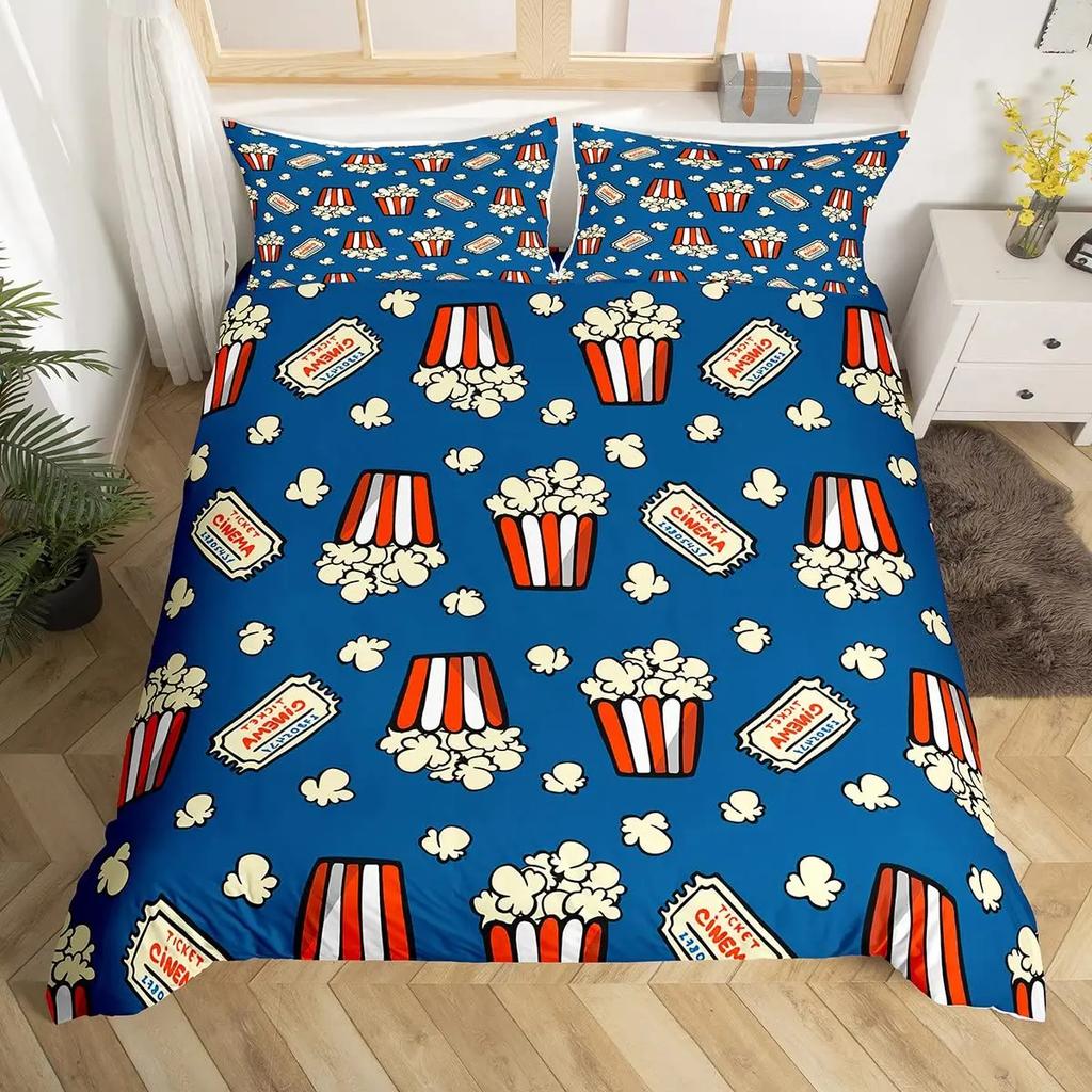 Popcorn Duvet Cover Movie Theater Food Bedding Set Microfiber Cinema Poster Comforter Cover Twin Full For Kids Teens Room Decor