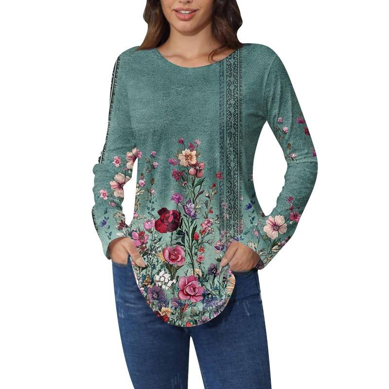 Shirts for Women Cute Vintage Pattern Print T-Shirt Long Sleeve Tunic Tops Cotton Pullovers T-Shirts Women’s