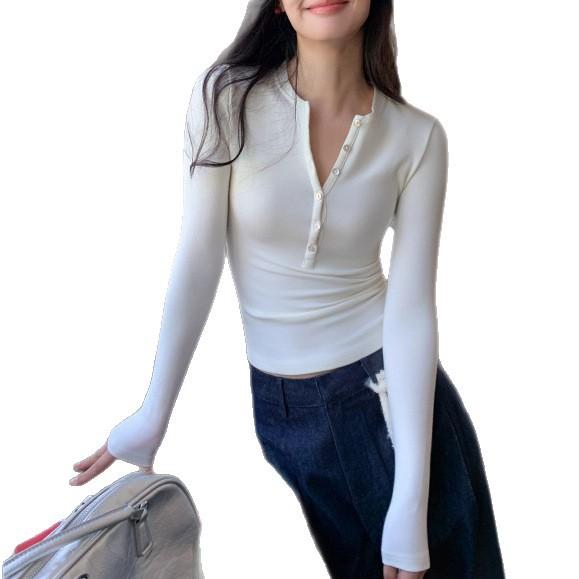 Henley Shirt Shoulder T-Shirt Autumn Versatile Shirt