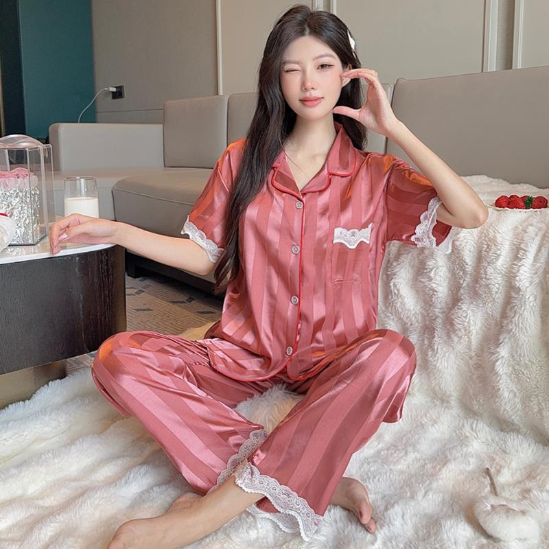 Summer lace patchwork stripes Women Sleepwear Sets Rest Autumn Pajamas Set Turn Down Collar Faux Silk Satin Short Sleeve Female Pijama Home Wear