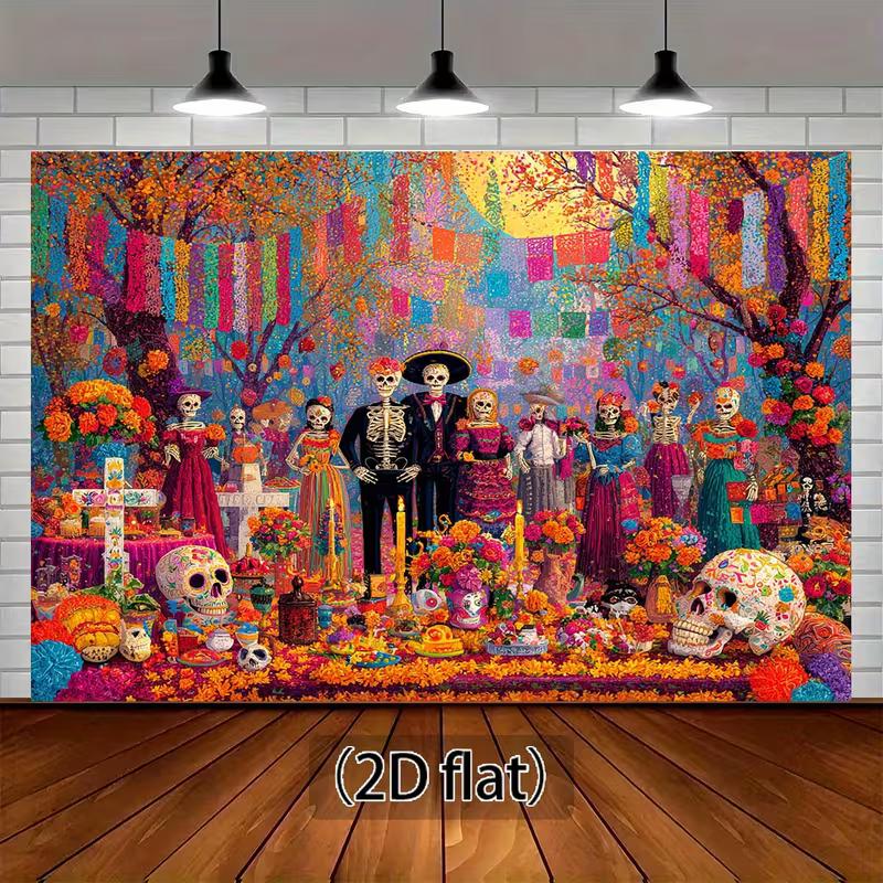 2D Mexican Festival Backdrop, Skeleton Family Party Background Cloth