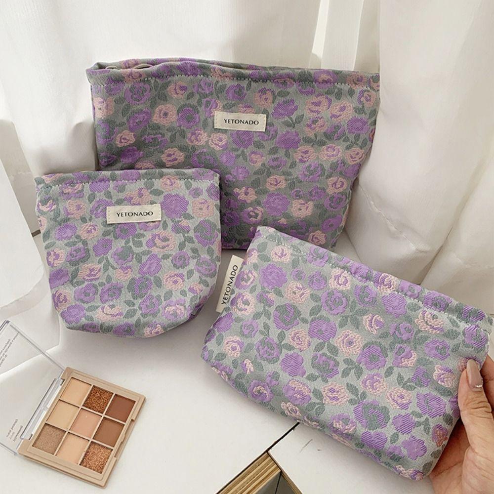 Polyester Canvas Flower Clutch Bag Flower Pattern Zipper Closure Makeup Bag Large Capacity Portable Cosmetic Organizer Women Use