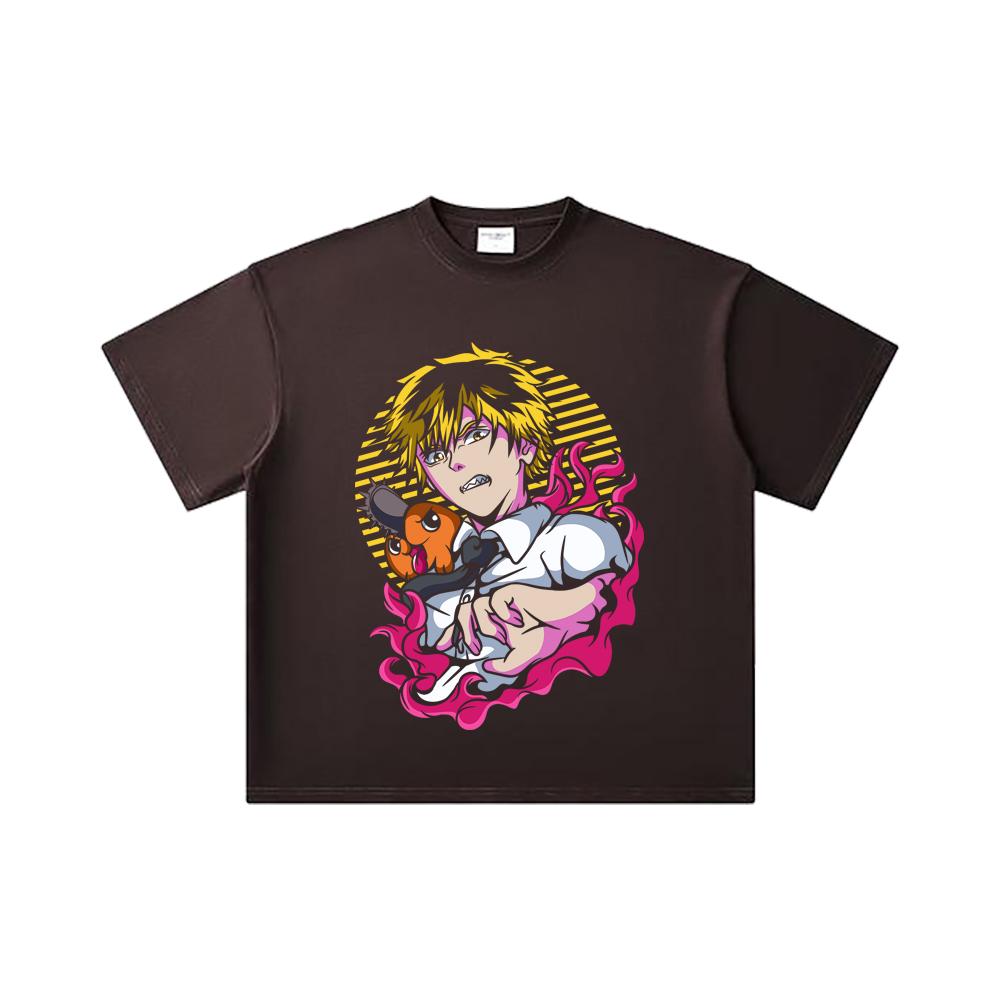 260 GSM Double Yarn 32 Count 100% Cotton Chainsaw Man V4 Denji X Pochita Print Unisex Heavy Cotton T Shirt