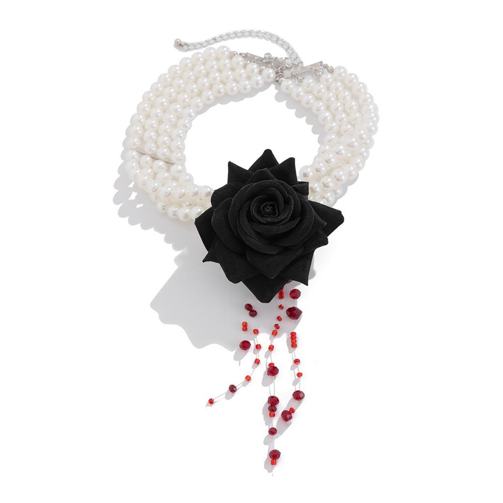 Halloween Dark Blood Pearl Beaded Necklace Female Creative Rose Flower Multi-Layer Fringed Neck Chain