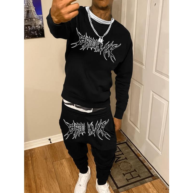 Autumn Trendy New Sweatshirt Sweatpants Set Men's Daily Loose Casual Fit Printed Hundred Long Sleeve Sweatshirt 2 Pieces Set