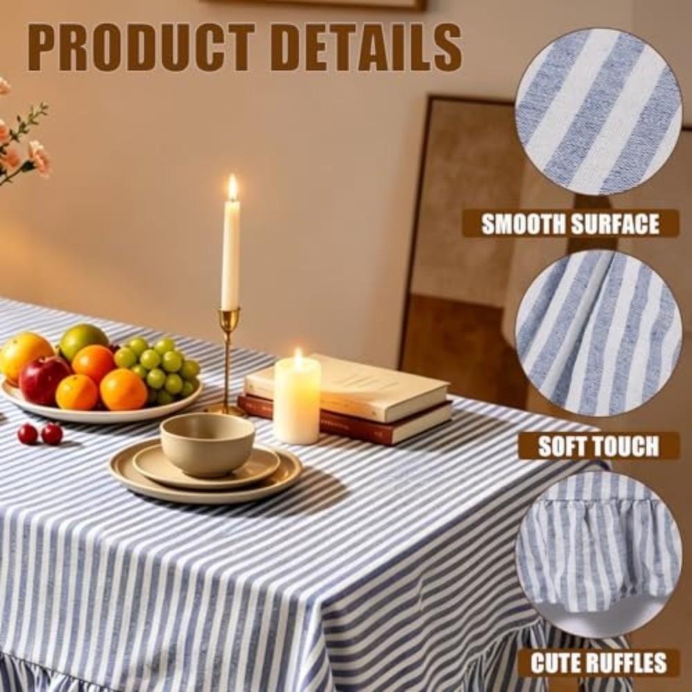 Vertical Striped Table Cover Washable Wrinkle-Resistant Farmhouse Tablecloth Ruffle Trim Striped Ruffle Tablecloth Dining Party