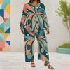 Women Plus Size Two Piece Set Round Neck Long Sleeve Printed Layered Top Wide Leg Cropped Pants