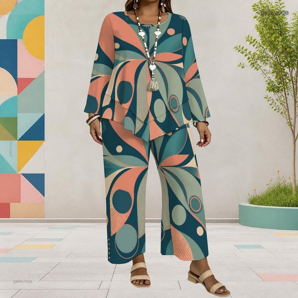 Women Plus Size Two Piece Set Round Neck Long Sleeve Printed Layered Top Wide Leg Cropped Pants