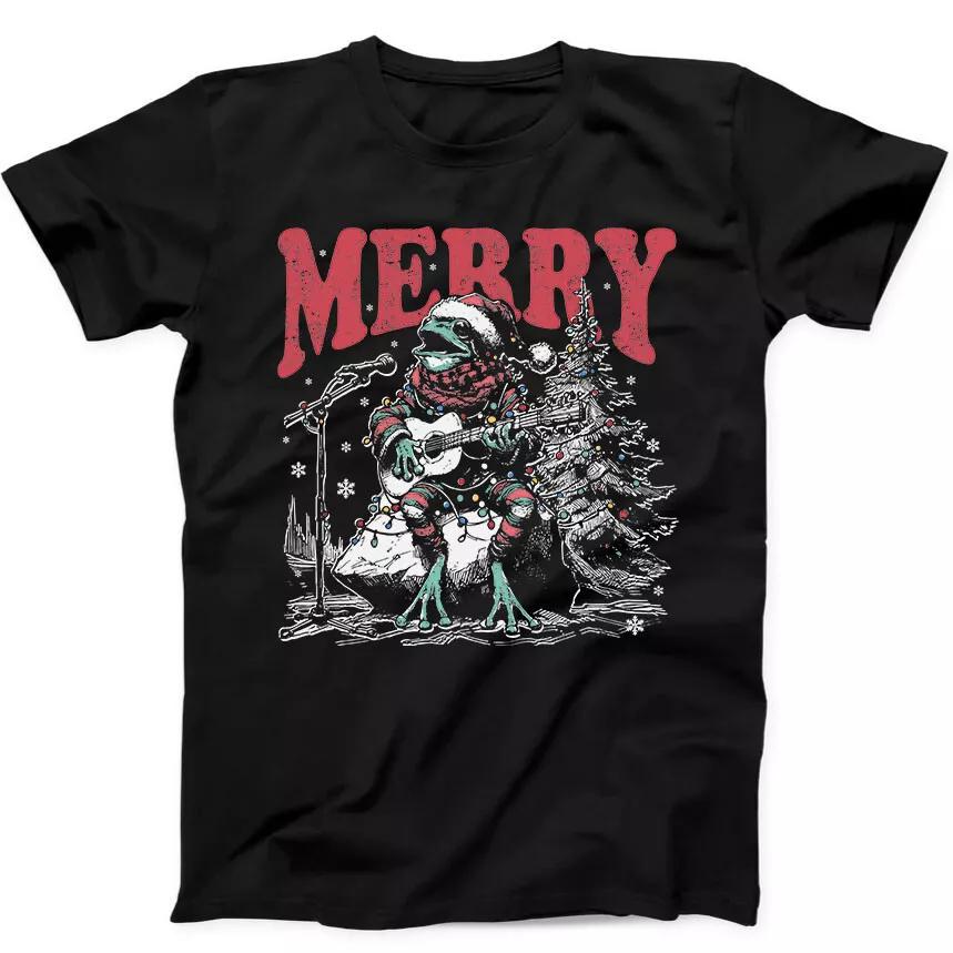Merry Xmas Christmas Frog Playing Guitar Santa Funny Gift Black T Shirt 215
