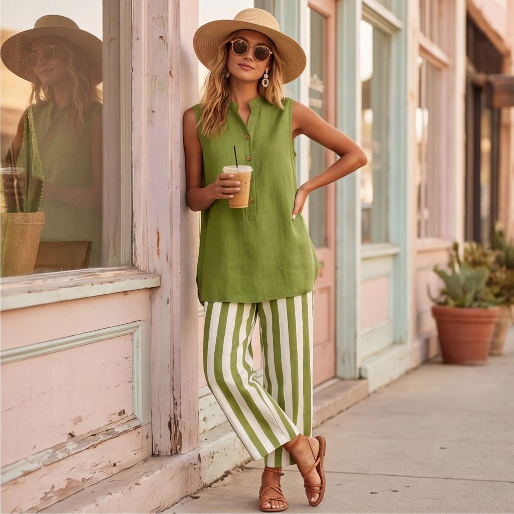 Sleeveless Button Front Blouse and Wide Leg Striped Pants Two Piece Set for Women Casual Loose Fit Summer Outfit