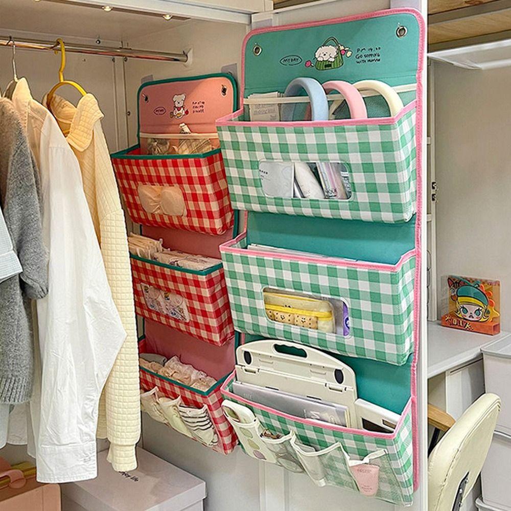Cartoon Wall Hanging Storage Bag Foldable with Pockets Hanging Baskets 3 Layer Grid Hanging Bag for Dormitory Bedroom