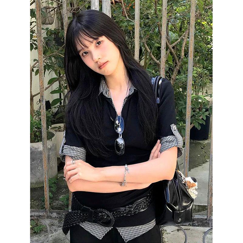 Y2K Spring Fashion Color Block Polo Collar Short Sleeve T-Shirt - Sexy Slim Fit Two-Piece Look.