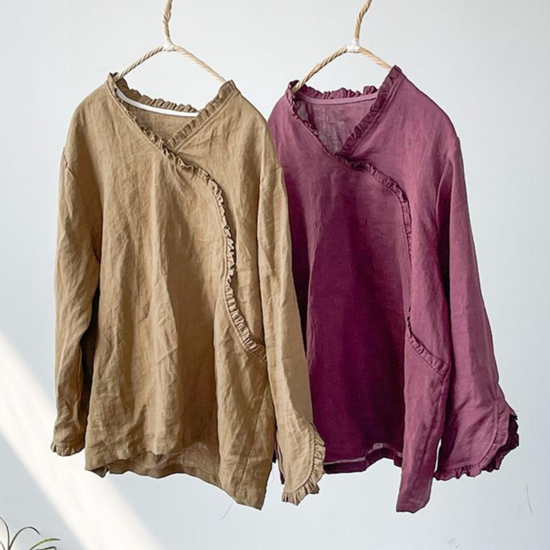 Johnature Vintage Damen Einfarbiges T-Shirt V-Ausschnitt Langarm Herbst Chinesischer Stil Locker Weibliches T-Shirt